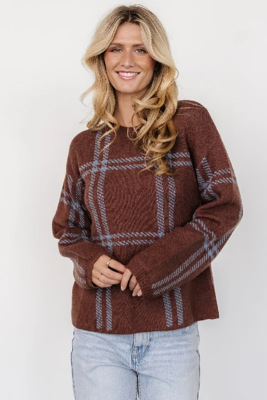 Longline Knit TopsFrancie Sweater | Brown + Blue Plaid