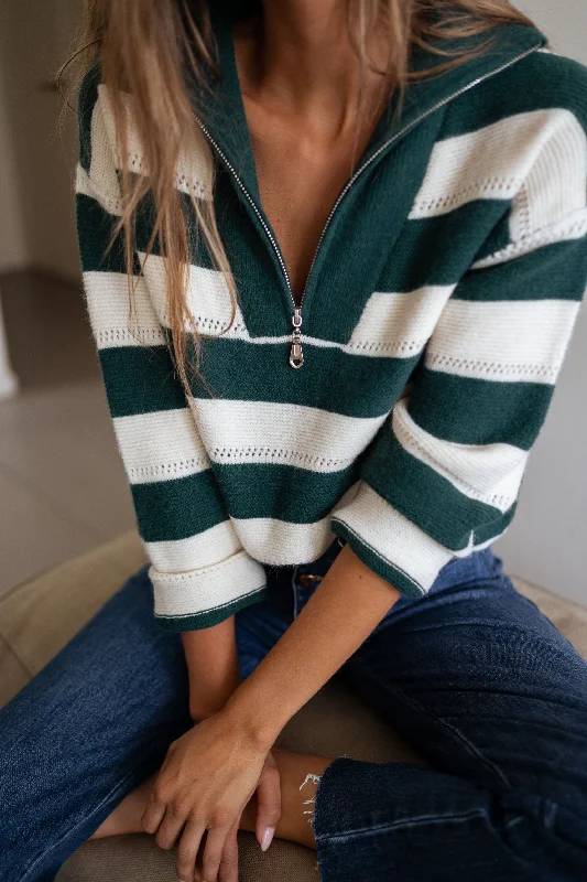 Collaborative Knit TopsGreen and Ecru Striped Laura Sweater