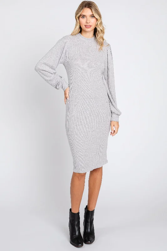 Cotton Knit TopsHeather Grey Ribbed Long Sleeve Mock Neck Dress