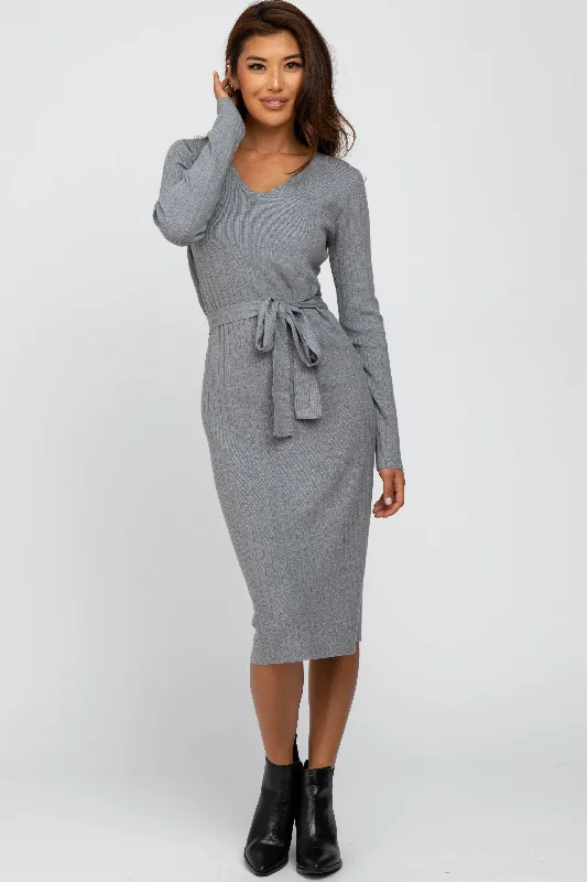 Fitted Knit TopsHeather Grey Tie Front Sweater Midi Dress