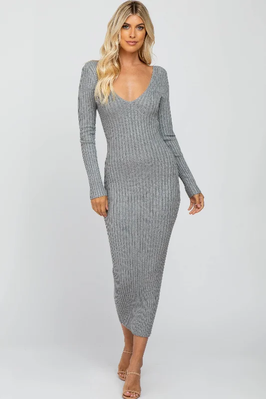 Cashmere Knit TopsHeather Grey  V-Neck Long Sleeve Fitted Maxi Dress