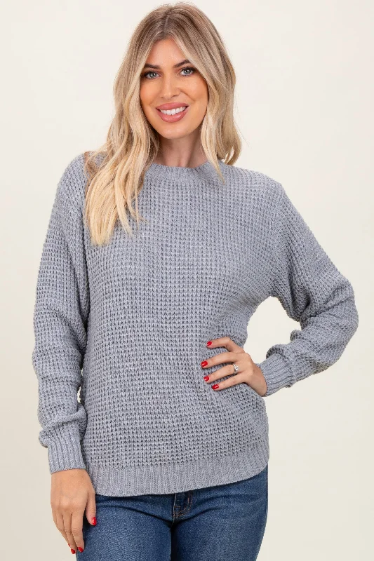 Graphic Knit TopsHeather Grey Waffle Knit Rounded Hem Sweater