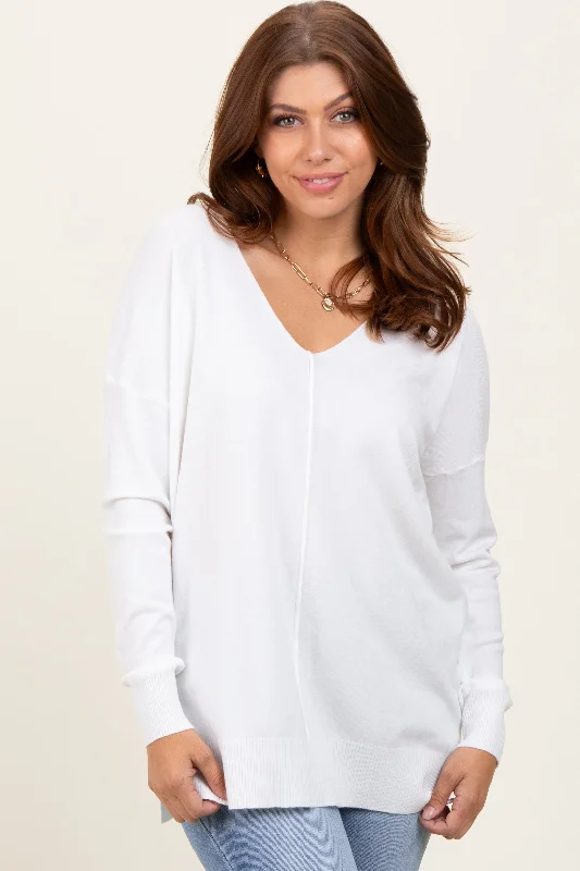 Layered Knit TopsIvory  Front Seam V-Neck Side Slit Sweater