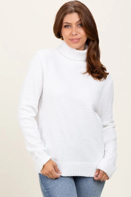 Ribbed Cuff Knit TopsIvory Turtleneck Chenille Knit Sweater