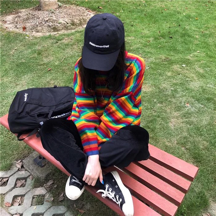 Studded Knit TopsKorean Harajuku Style Hong Kong Loose Striped Female Pullover Sweaters