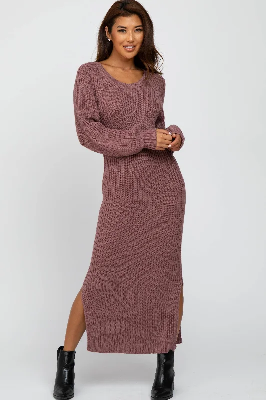 Turtleneck Knit TopsMauve Side Slit Maxi Sweater Dress