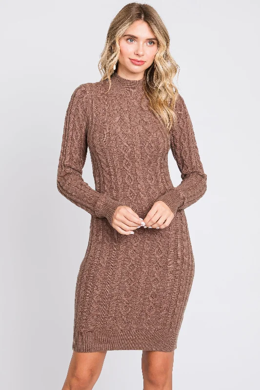 Layered Knit TopsMocha Cable Knit Mock Neck Long Sleeve Sweater Dress