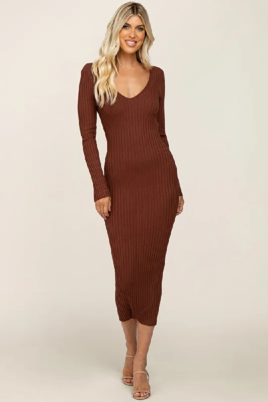 Layered Knit TopsMocha V-Neck Long Sleeve Fitted Maxi Dress