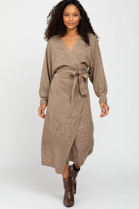 Camping Knit TopsMocha Wrap Sweater Knit Midi Dress