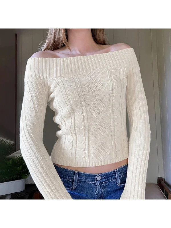 Graphic Knit TopsPatchwork Long Sleeve Off The Shoulder Sweater