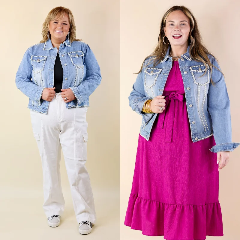 Velvet JacketsPearls For the Girls Pearl Embellished Denim Jacket in Light Wash