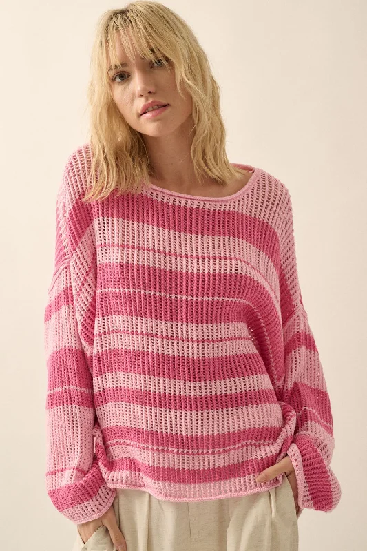 Band Merch Knit TopsPink Oversized Stripe Colorblock Crochet Knit Sweater