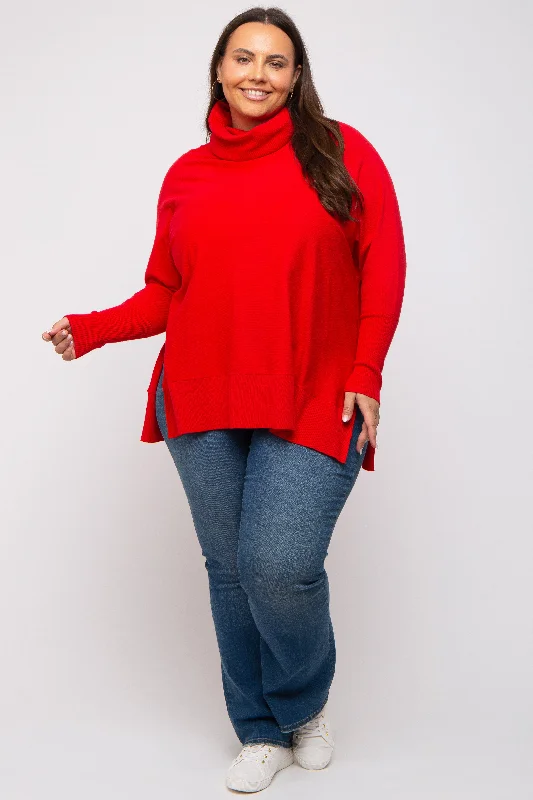 Asymmetrical Knit TopsRed Cowl Neck Dolman Sleeve Plus Sweater