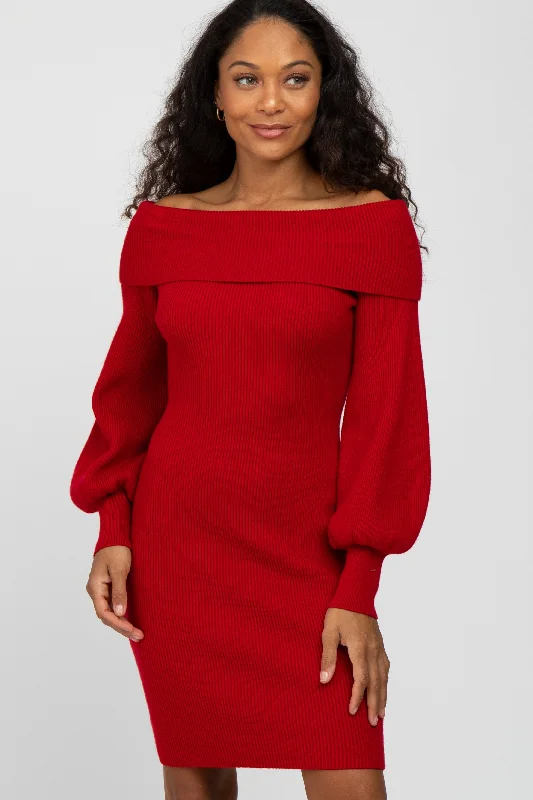 Ribbed Cuff Knit TopsRed Off Shoulder Bubble Sleeve Sweater Dress