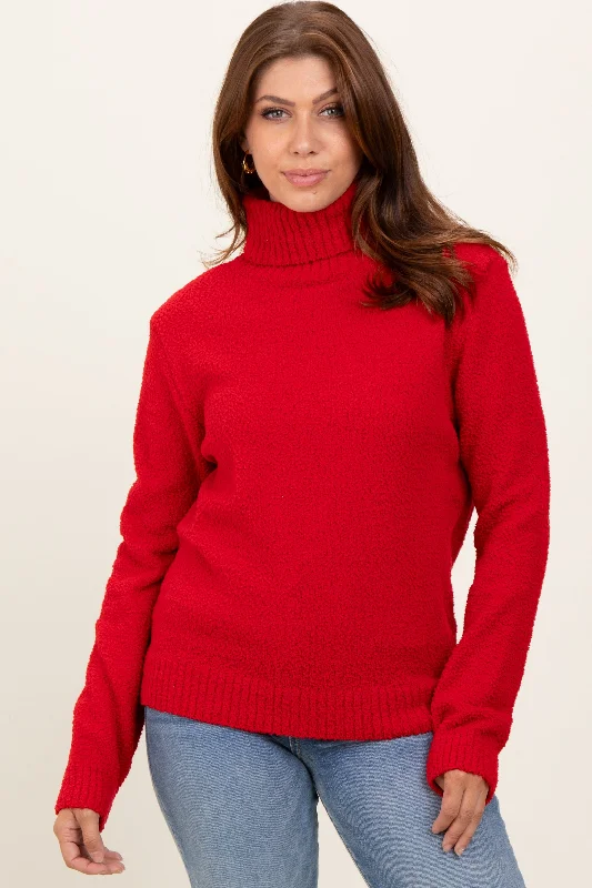 Lace-Up Knit TopsRed Turtleneck Chenille Knit Sweater