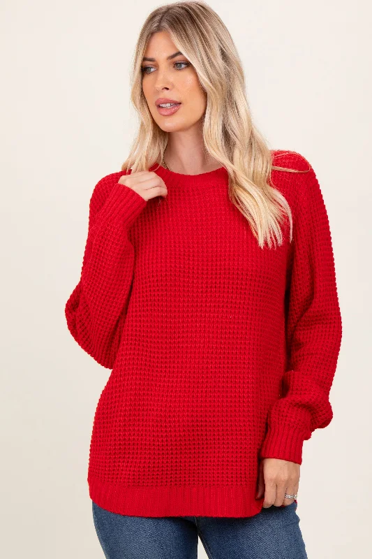 Turtleneck Knit TopsRed Waffle Knit Rounded Hem Sweater