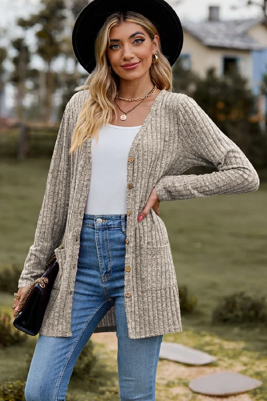 Camping Knit TopsRibbed Button-UP Cardigan with Pockets