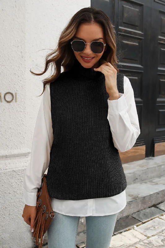 Scoop Neck Knit TopsRibbed Mock Neck Sleeveless Sweater Vest