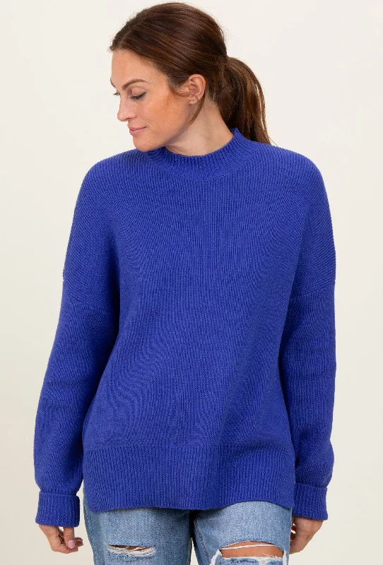 Graphic Knit TopsRoyal Blue Mock Neck Basic Sweater