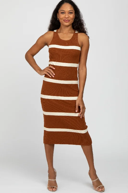 Limited Edition Knit TopsRust Striped Sleeveless Sweater Midi Dress