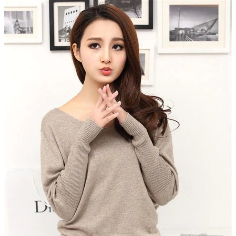 Summer Knit TopsSexy Women's Spring Autumn Cashmere Wool V-Neck Batwing Loose Sweater