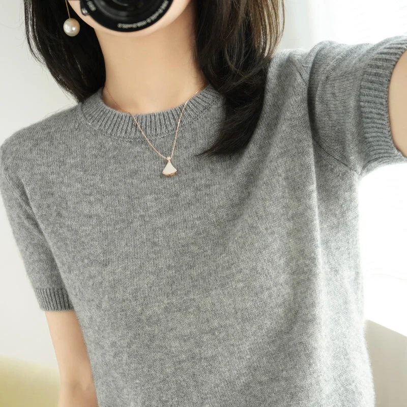 Hunting Knit TopsSpring and Autumn Loose Base Shirt Thin Cashmere round Neck Short Sleeve