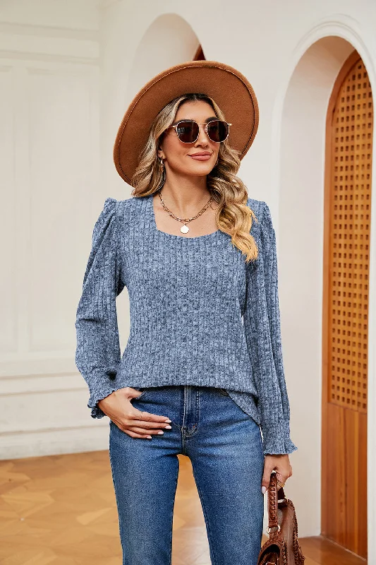 Spring Knit TopsSquare Neck Puff Sleeve Top