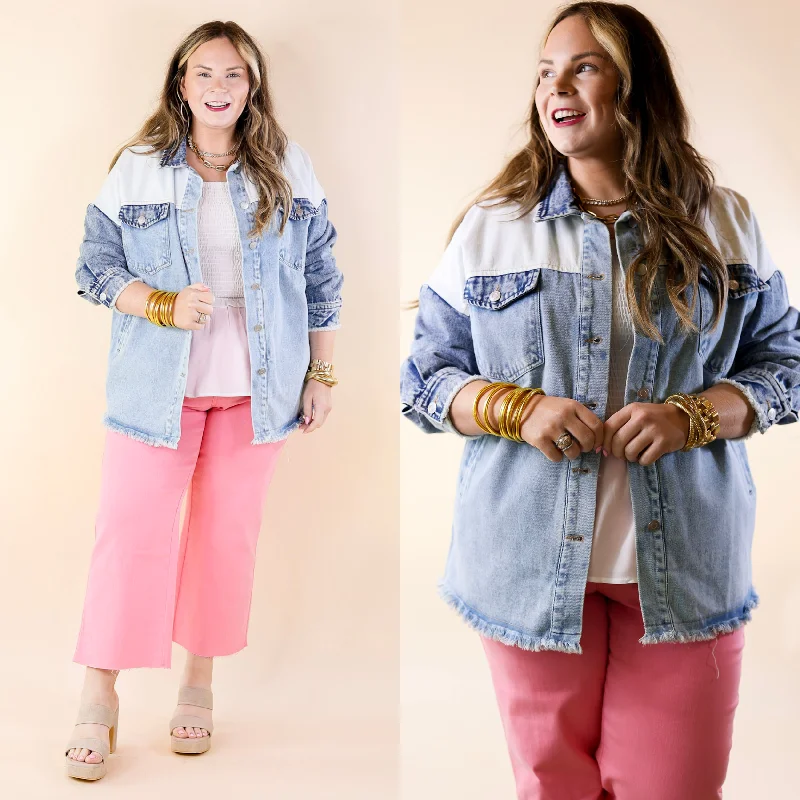 Quilted JacketsStyle Mentor Color Block Button Up Jacket in Denim