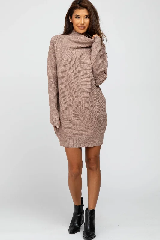 Metallic Knit TopsTaupe Funnel Neck Dolman Sleeve Mini Dress