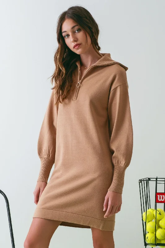 Camping Knit TopsTaupe Knit Half Zip Mini Dress