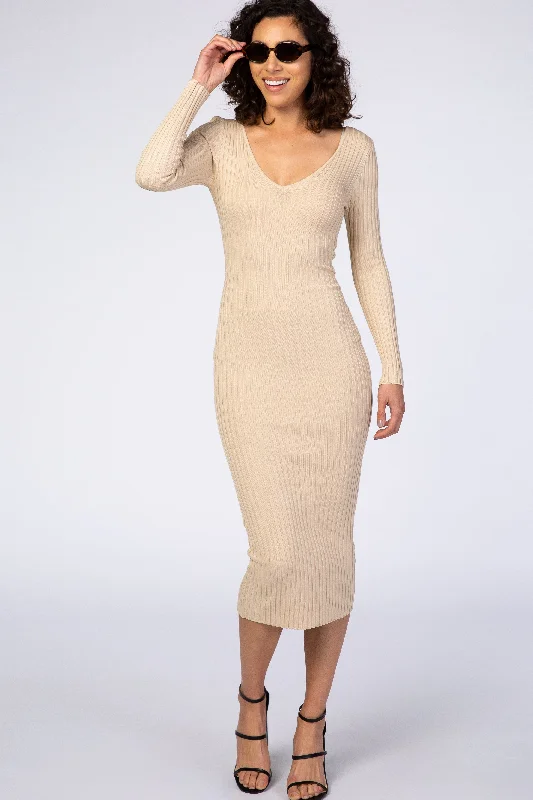 Lounge Knit TopsTaupe V-Neck Long Sleeve Fitted Maxi Dress