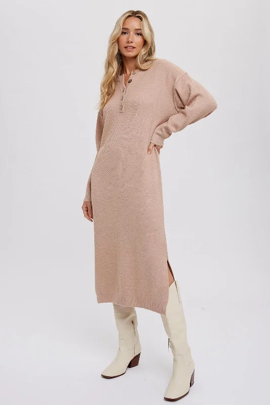 V-Neck Knit TopsTaupe Waffle Knit Button Long Sleeve Midi Dress