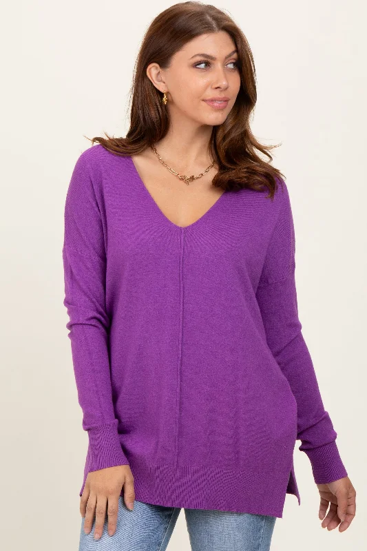 Colorblock Knit TopsViolet Front Seam V-Neck Side Slit Sweater