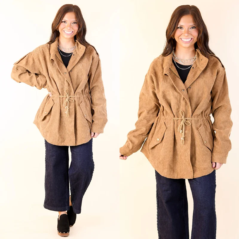 High-Fashion JacketsWarm Soul Corduroy Button and Zip Up Utility Jacket in Camel Brown