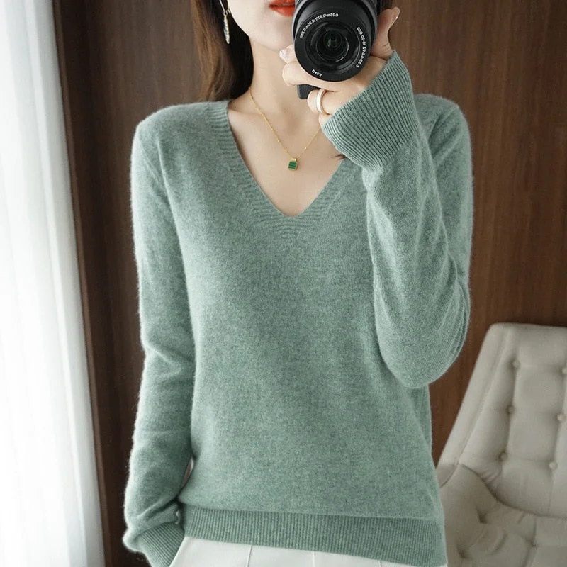 Angora Knit TopsWomen's Sweater 2023 Autumn Winter Knitted Pullovers V-neck Slim Fit Bottoming Shirt Solid Soft Knitwear Jumpers Basic Sweaters