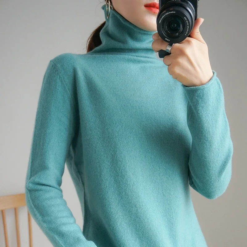 Retro Knit TopsWomen's Wool Knitted Warn Turtleneck Slim Long Sleeve Sweaters