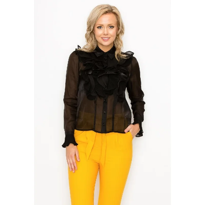 Black Polyester Ruffle Trim Long Sleeve Blouse