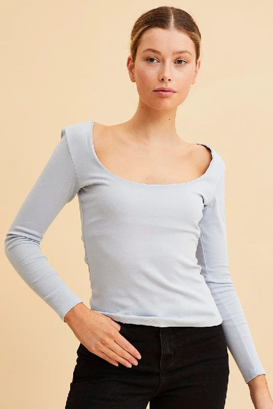 Blue Cotton Top Long Sleeve Scoop Neck