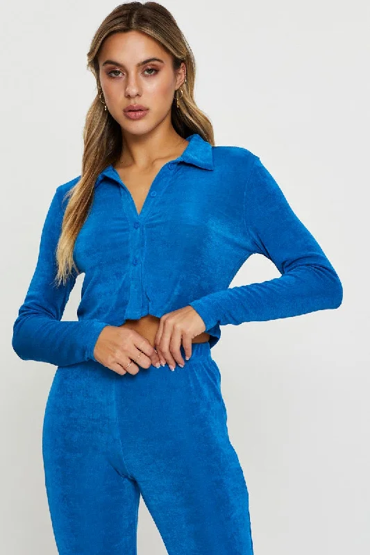 Blue Slinky Top Long Sleeve Collared