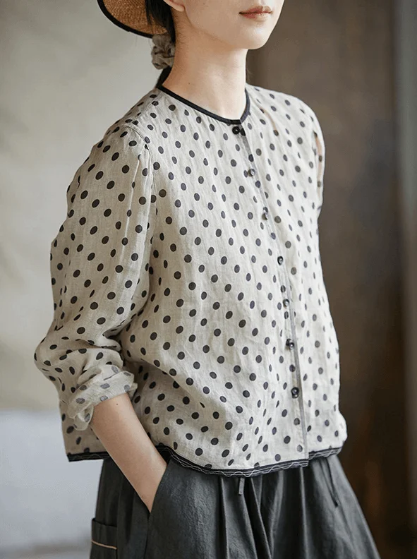 Casual Trendy Linen Polka Dot Blouse Long Sleeve