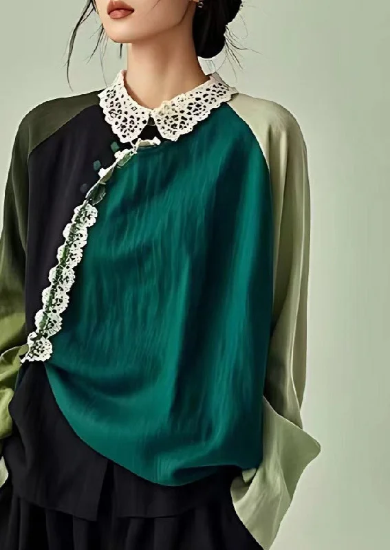 Elegant Blackish Green Peter Pan Collar Hollow Out Linen Blouse Long Sleeve