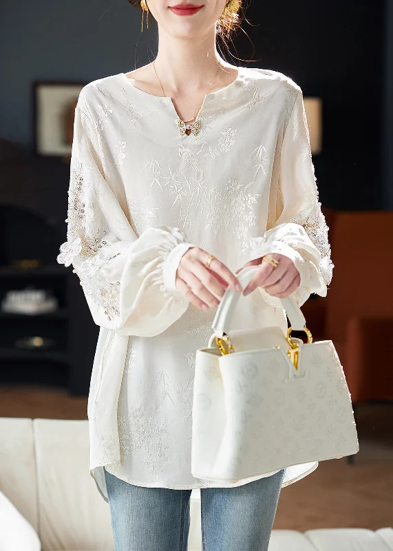 Jacquard White Sequins Nail bead Chiffon Tops Long Sleeve