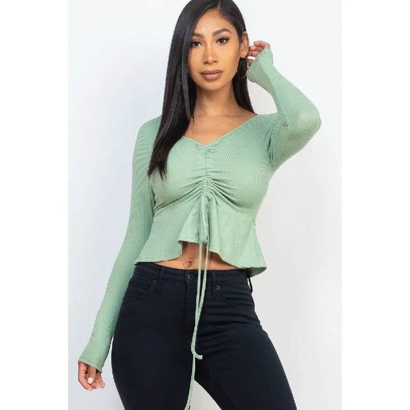 Long Sleeve Peplum Top with Rubbed Drawstring Front