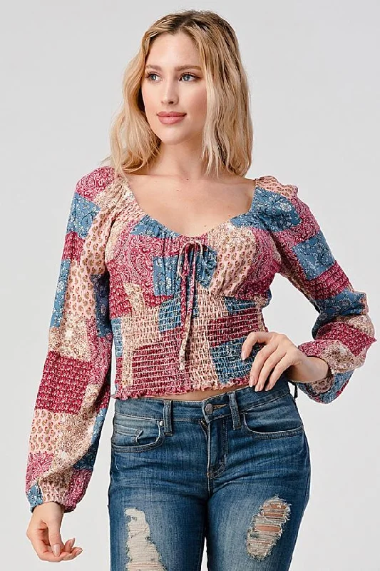 Long Sleeve Smocked Blouse Top Patchwork