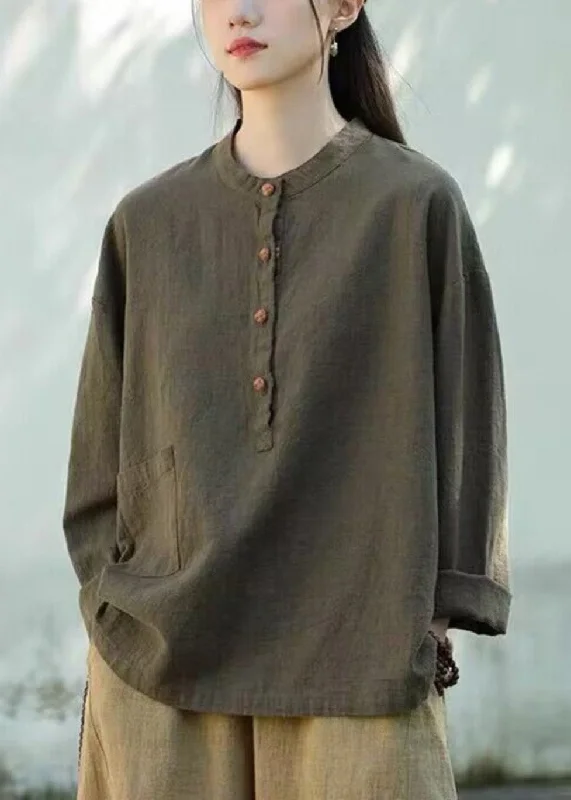 Organic Tea Green Stand Collar Linen Blouse Tops Long Sleeve