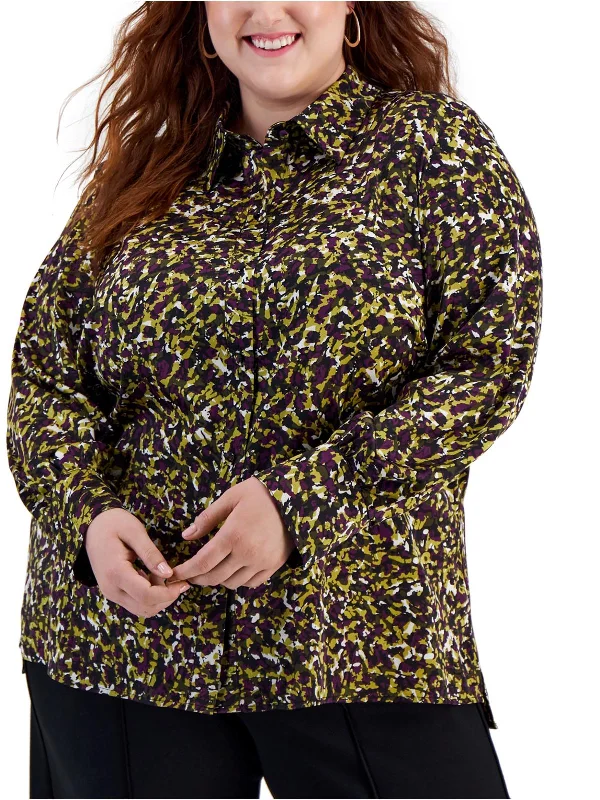 Plus Womens Printed Long Sleeve Button-Down Top