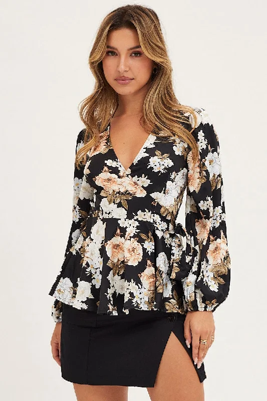 Print Wrap Top Long Sleeve Satin