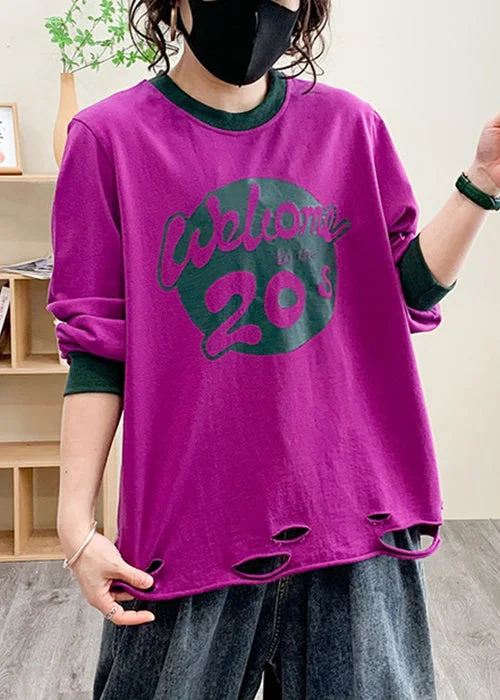 Women Purple Hole Print Cotton Tops Long Sleeve