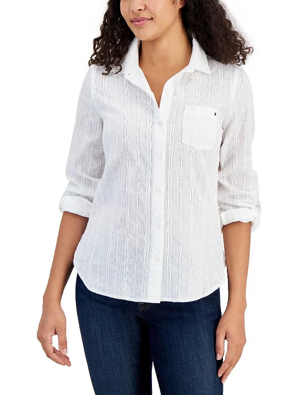 Womens Collar Long Sleeve Button-Down Top