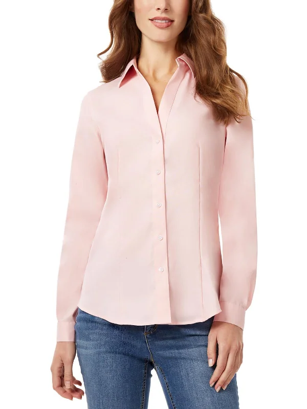 Womens Collar Long Sleeve Button-Down Top